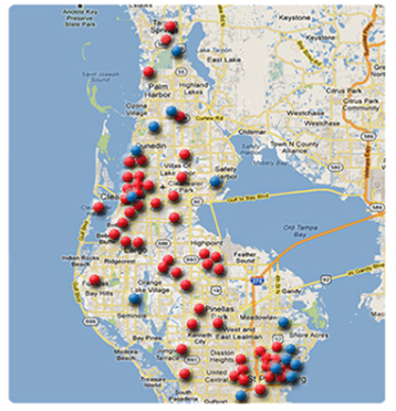 Grants for charitable organizations that we support through our grant program funded by unrestricted gifts. The blue dots represent culture and art grants, and the red dots represent agencies supported that serve those in need of specific community services.